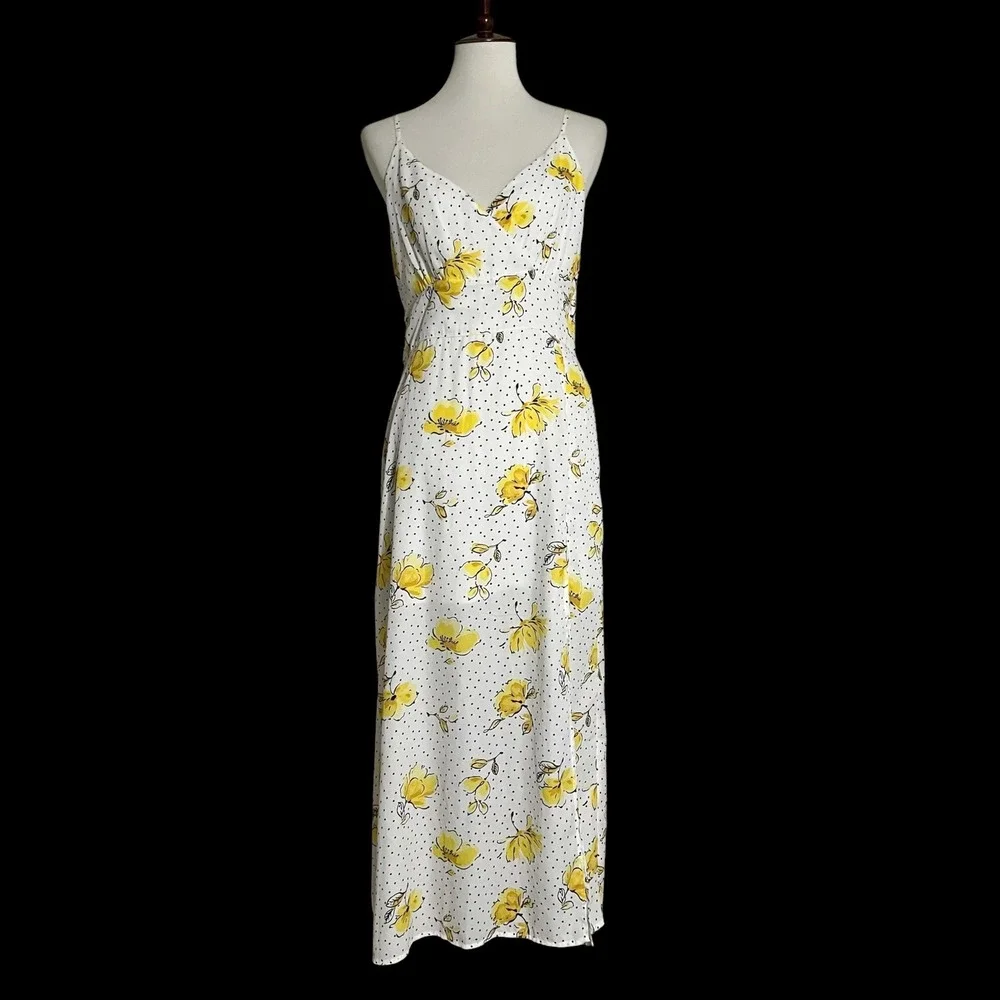 Abercrombie & Fitch Floral Polka Dot Maxi Dress Yellow White Large V-Neck Slit